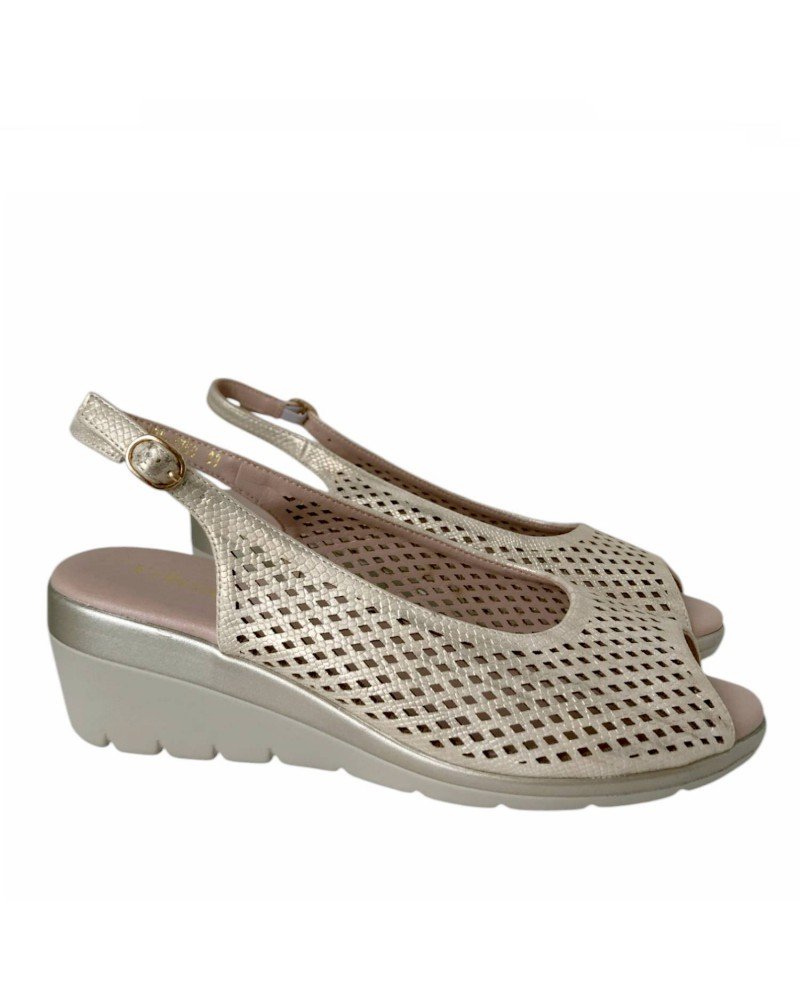 Sandales Confort Compensées Perforées -Gris Métallisé et Beige