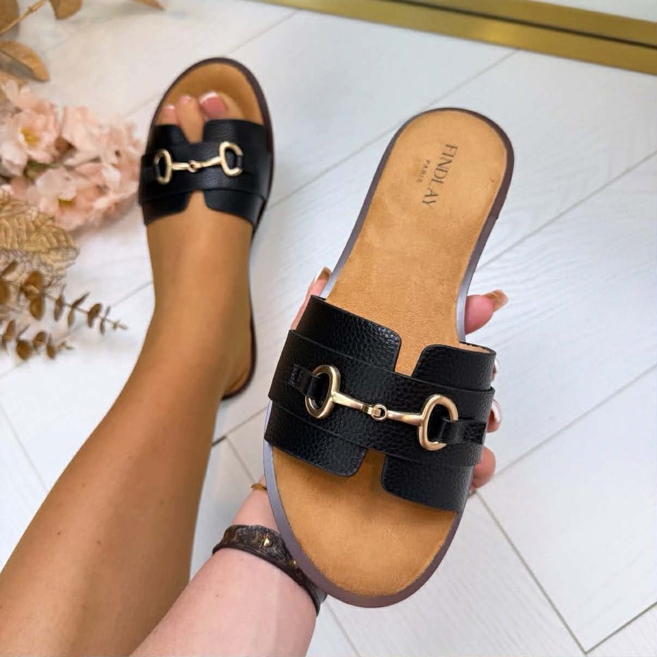 Mules Plates à Boucle Dorré -Noir